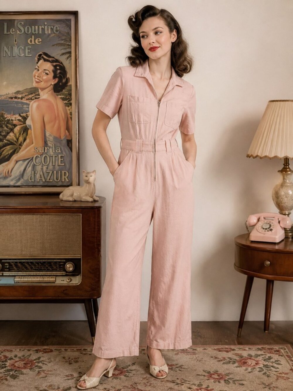 Vintage 1940 Style Inspired Cotton Candy Pink Corduroy Utility Jumpsuit * Small